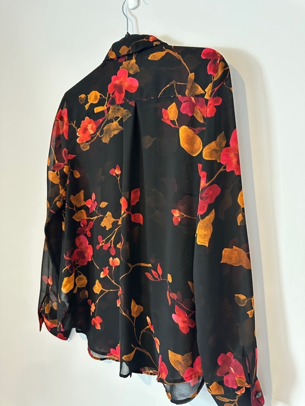 Gabi Sheer Floral Blouse Black Red Gold Ruffle Button Down Top Y2K Fall - Picture 7 of 15